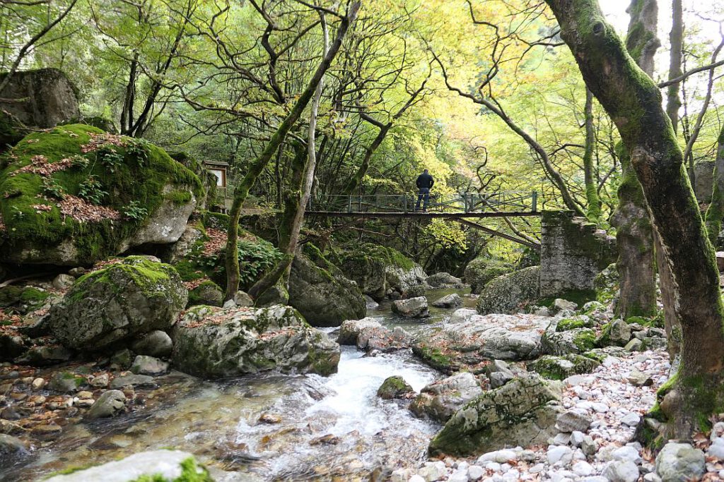 Eine Brücke aus Metallplatten und moosbedeckten Stufen verbindet die Ufer des Chroussias.