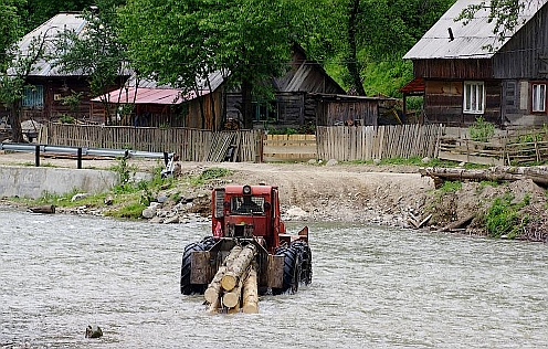 Ein Traktor zieht Holzstämme durch den Fluss