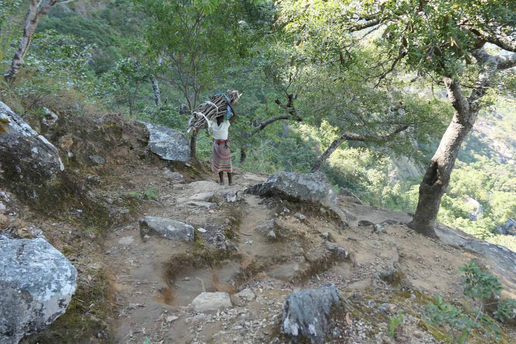 Eine Frau trägt barfüßig ein Holzbündel ins Tal in Malawi